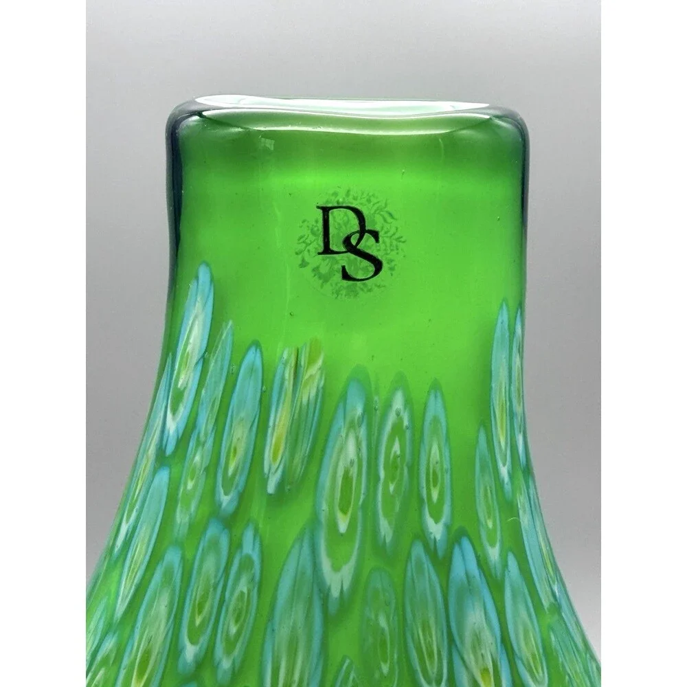 VTG DS Studio Green Peacock Eye Murrine Glass Vase Millefiori Murano Style 12.5